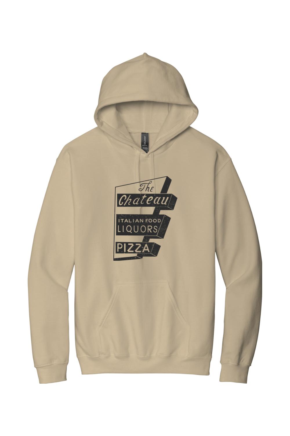 Sand-colored pullover hoodie featuring a black vintage-style The Chateau Italian Food and Pizza sign graphic.