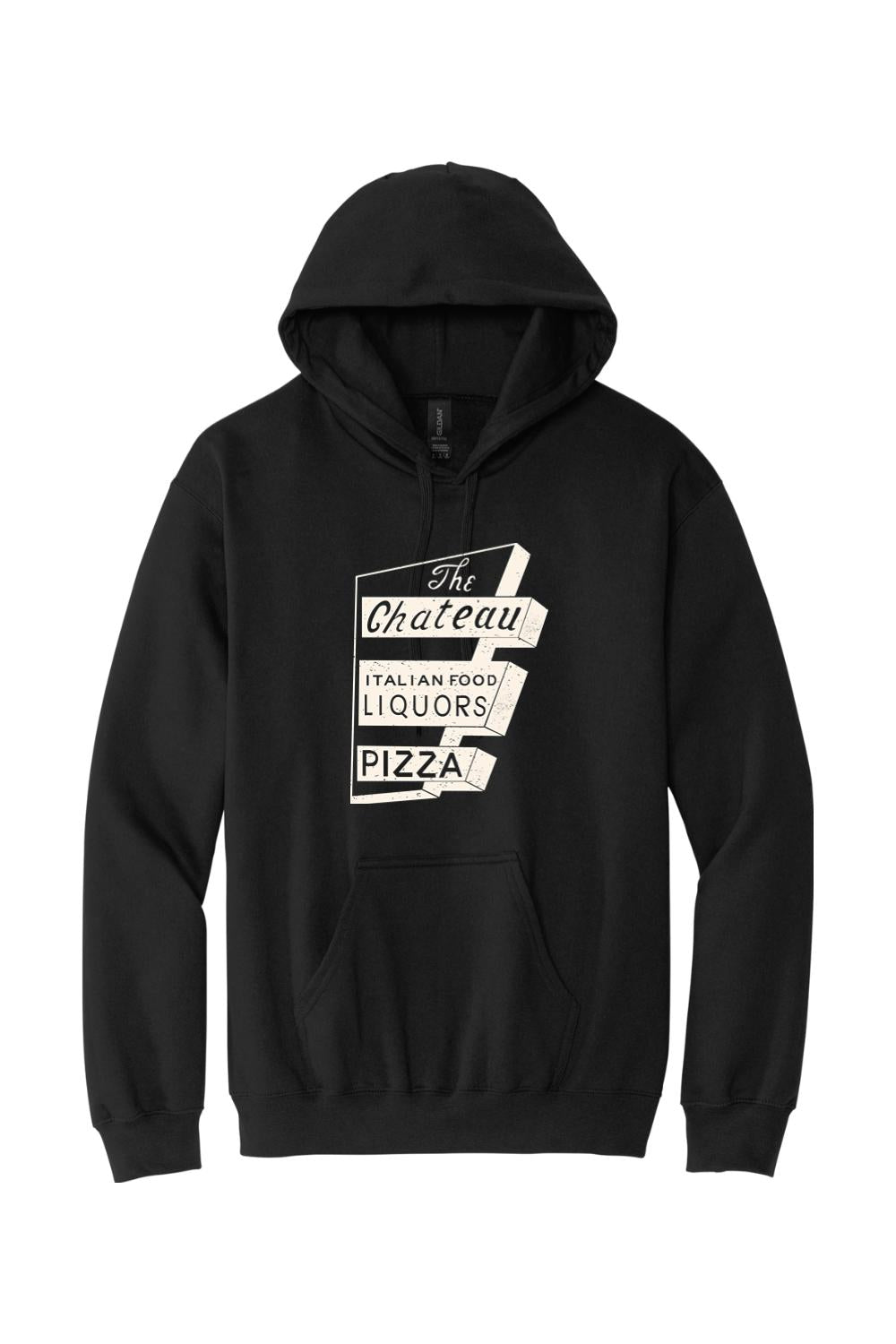 Black pullover hoodie featuring a vintage The Chateau Italian Food and Pizza sign graphic on the chest.