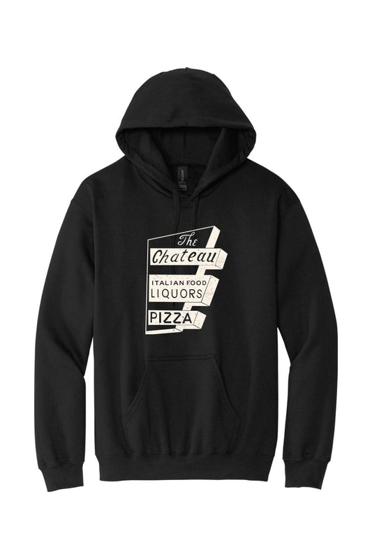 Black pullover hoodie featuring a vintage The Chateau Italian Food and Pizza sign graphic on the chest.