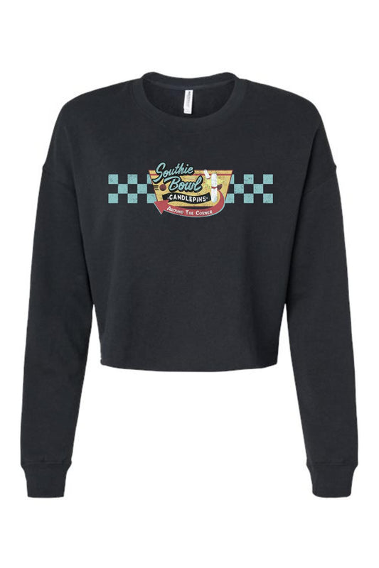Black cropped crewneck sweatshirt featuring a retro Southie Bowl checkered logo and candlepin bowling graphic.