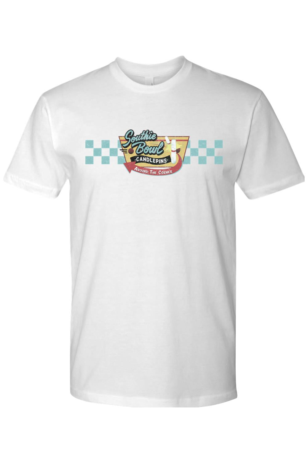 White cotton crewneck t-shirt featuring a vintage Southie Bowl logo with checkered patterns and a candlepin graphic.
