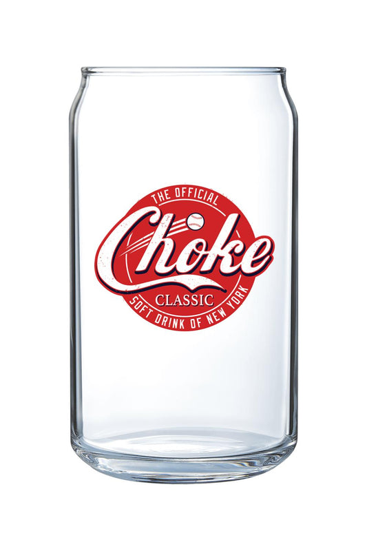 16 oz. clear glass shaped like a soda can featuring a red and white Choke Classic New York logo.