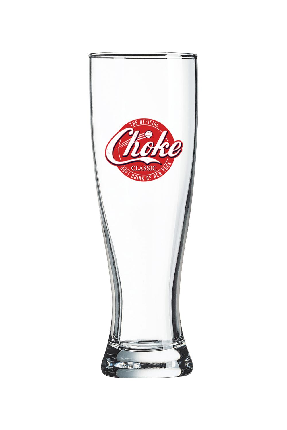 16 oz. clear glass pilsner featuring a red and white Choke Classic logo on a tapered, durable design.