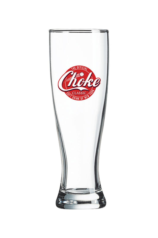 16 oz. clear glass pilsner featuring a red and white Choke Classic logo on a tapered, durable design.