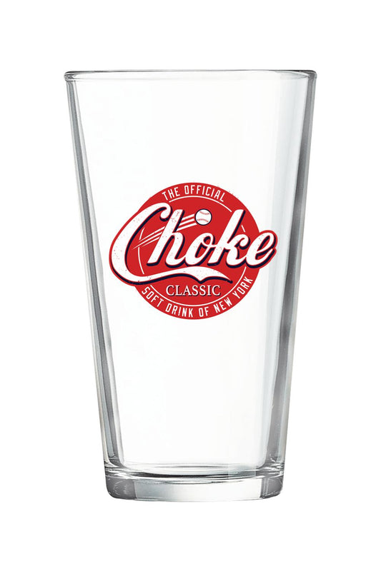 Clear 16 oz. pint mixing glass featuring a red and white Choke Classic logo on a sturdy, tapered glass body.