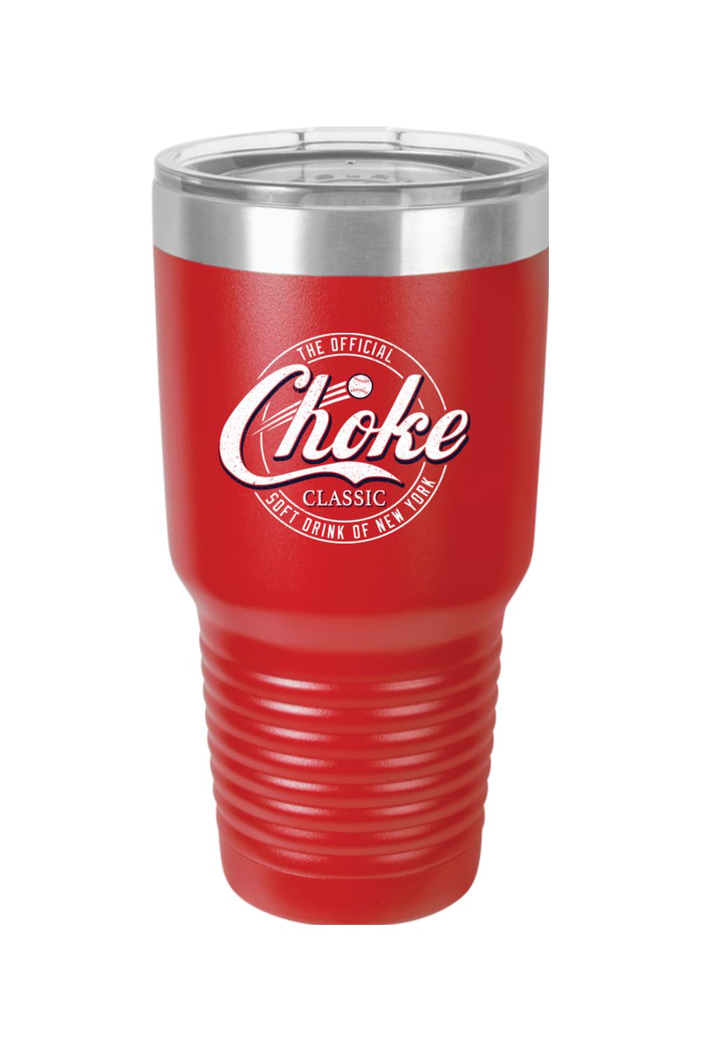 Red 30oz stainless steel tumbler with a clear lid and white Choke Classic New York soft drink logo.