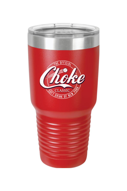 Red 30oz stainless steel tumbler with a clear lid and white Choke Classic New York soft drink logo.