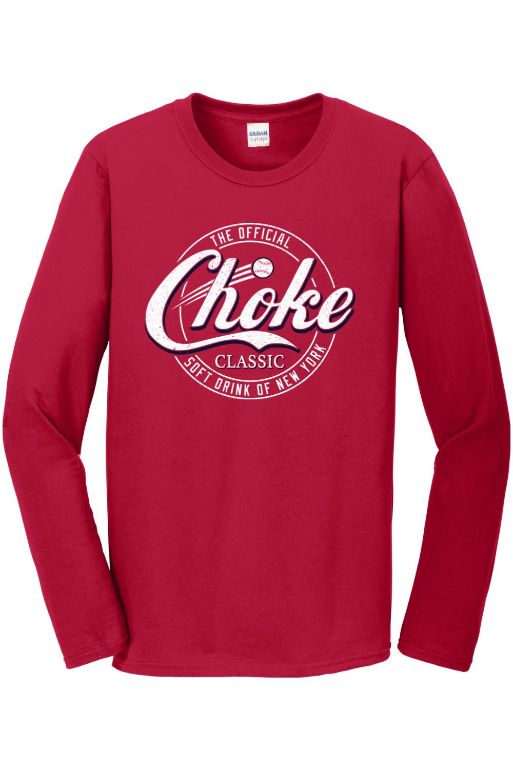 Red Gildan Softstyle long sleeve t-shirt featuring a white and navy Choke soft drink graphic on the chest.