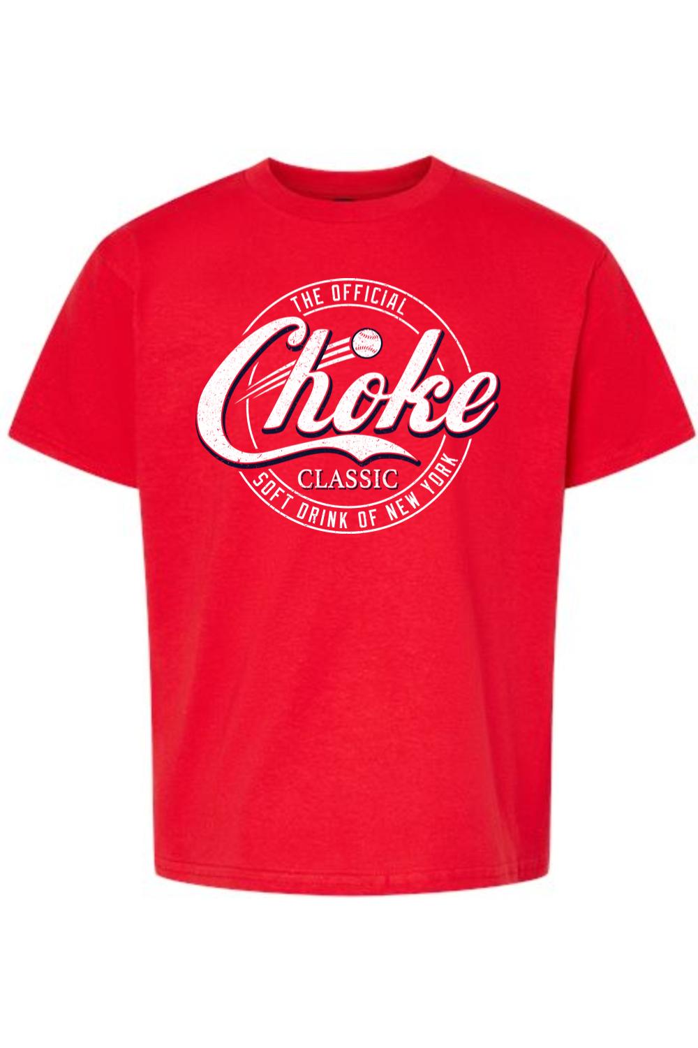 Youth red softstyle t-shirt featuring a white and blue vintage-style Choke Classic soft drink graphic print.