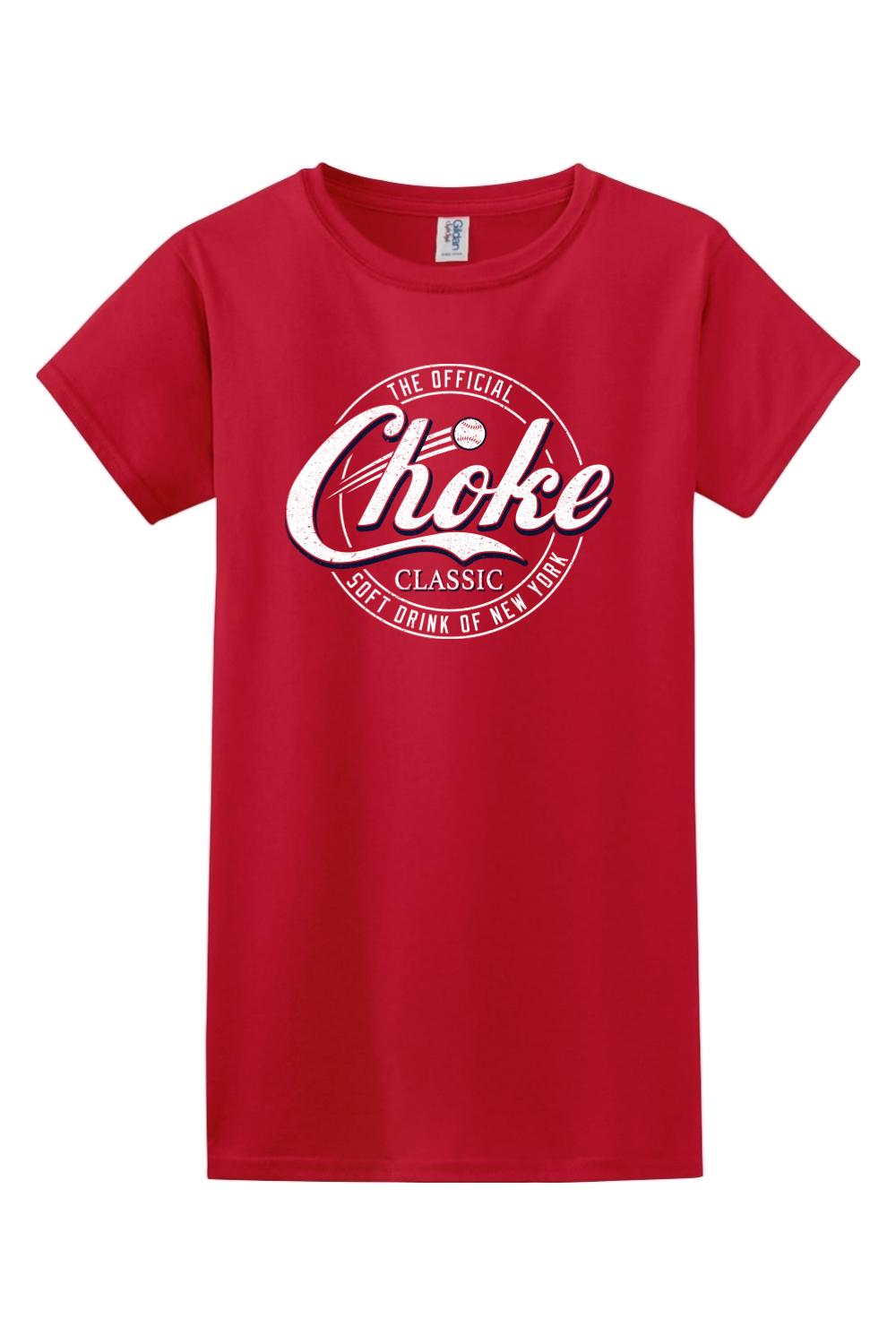 Red softstyle women's t-shirt featuring a white and blue vintage Choke soft drink graphic on the front.