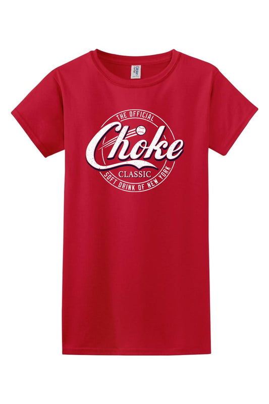 Red softstyle women's t-shirt featuring a white and blue vintage Choke soft drink graphic on the front.
