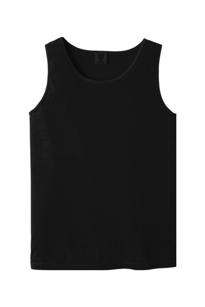 Black Comfort Colors heavyweight ring-spun cotton tank top with a relaxed fit and classic crew neckline.