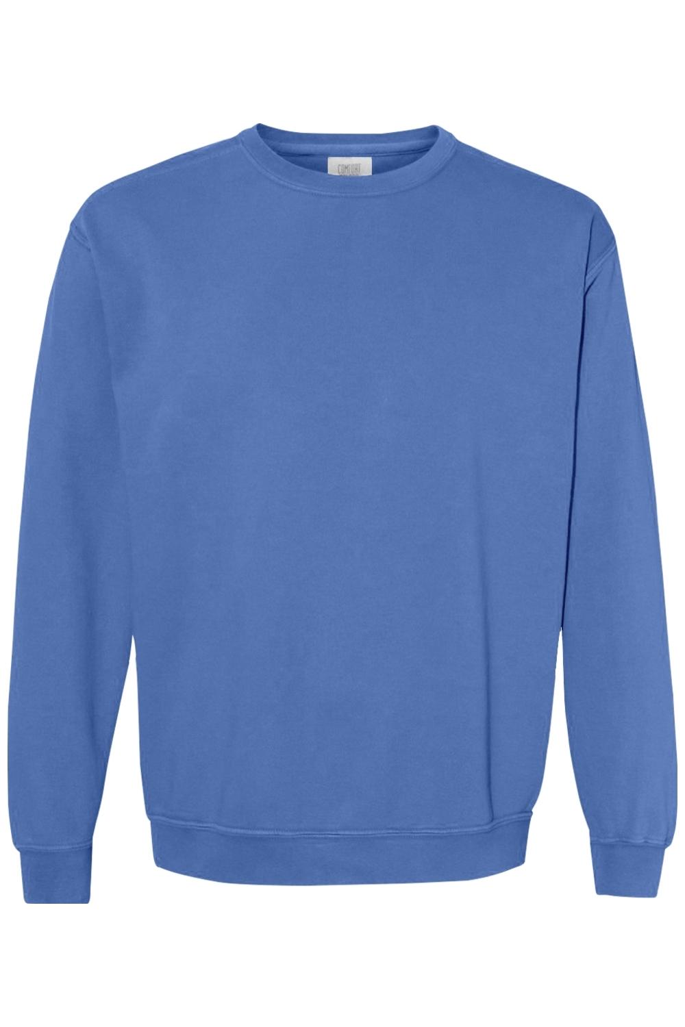 Blue Comfort Colors ring spun cotton-poly crewneck sweatshirt with ribbed collar, cuffs, and hem.