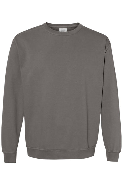 Comfort Colors charcoal grey ring spun cotton-blend crewneck sweatshirt with ribbed collar, cuffs, and hem.