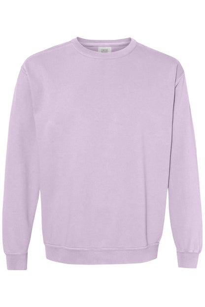 Light purple Comfort Colors ring spun cotton-blend crewneck sweatshirt with ribbed collar, cuffs, and hem.