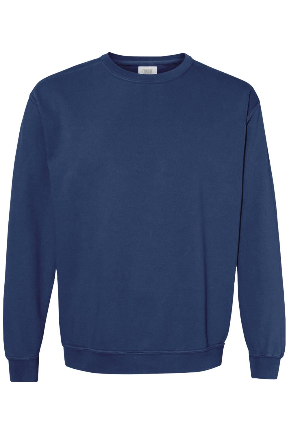 Navy blue Comfort Colors ring spun cotton-poly crewneck sweatshirt with ribbed collar, cuffs, and hem.