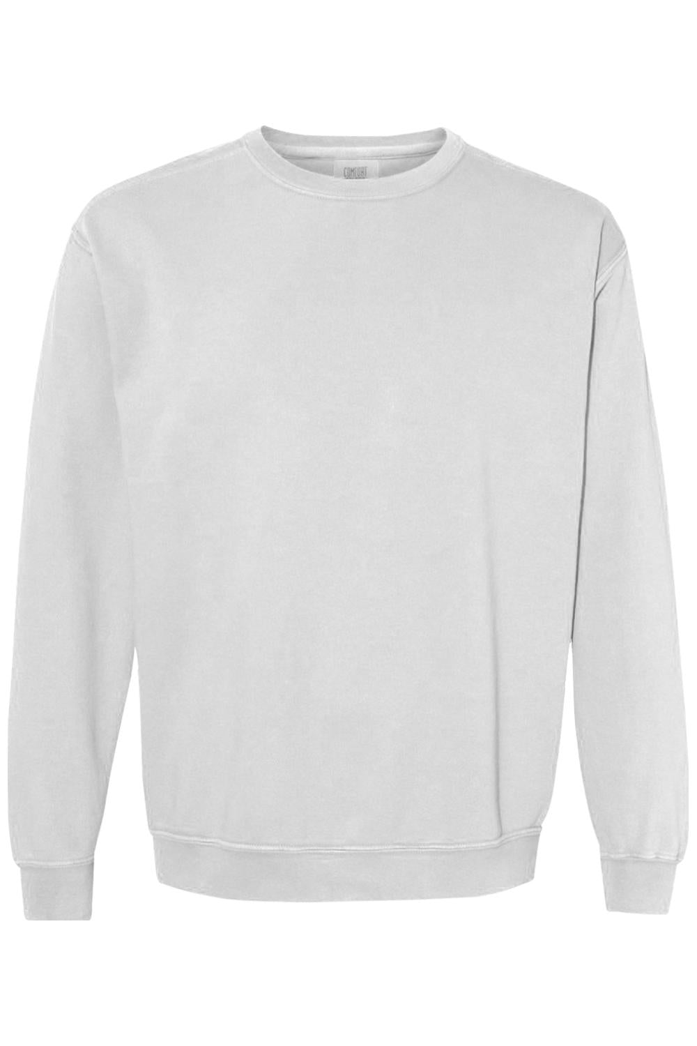 White Comfort Colors ring spun cotton-poly crewneck sweatshirt with ribbed collar, cuffs, and hem.