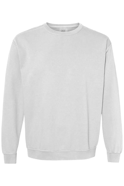 White Comfort Colors ring spun cotton-poly crewneck sweatshirt with ribbed collar, cuffs, and hem.