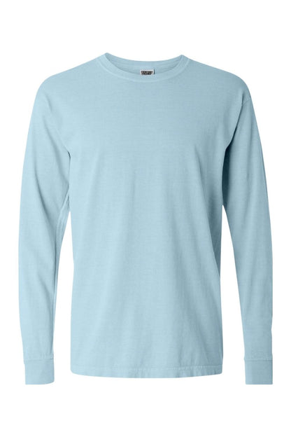 Light blue Comfort Colors long-sleeve t-shirt in soft-washed, garment-dyed ring spun cotton with rib knit cuffs.