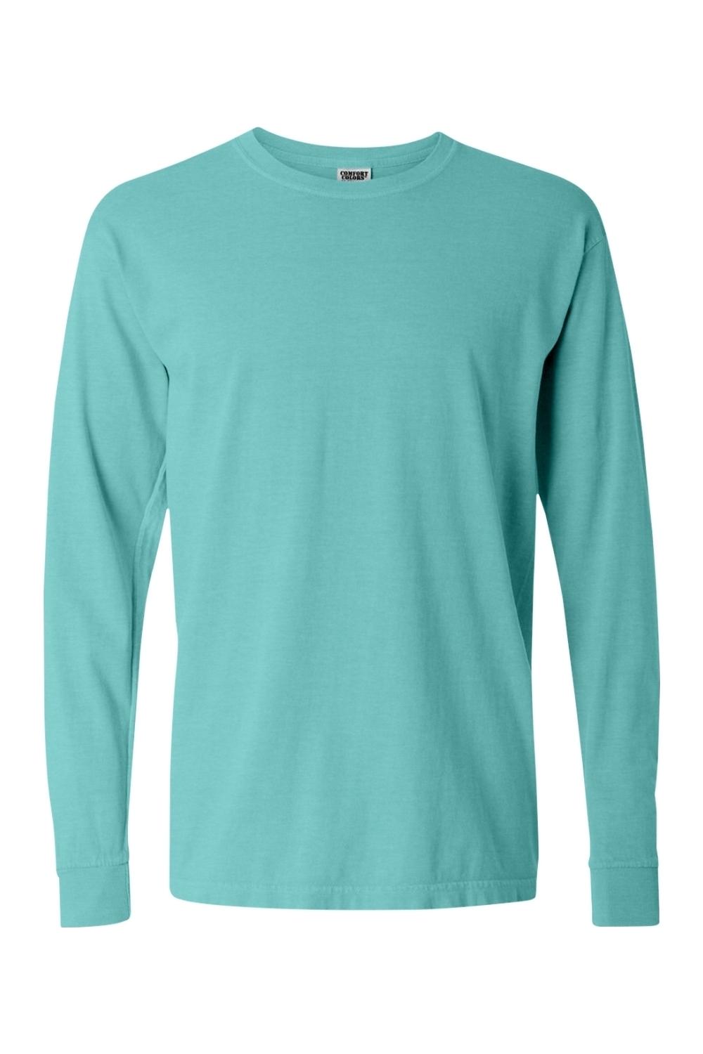 Comfort Colors garment-dyed, long-sleeve ring spun cotton t-shirt in seafoam green with rib knit cuffs.