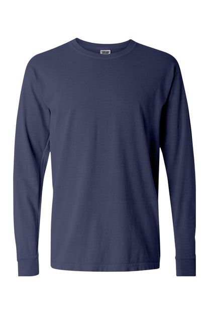 Navy blue Comfort Colors long sleeve ring spun cotton t-shirt with ribbed cuffs and a garment-dyed finish.