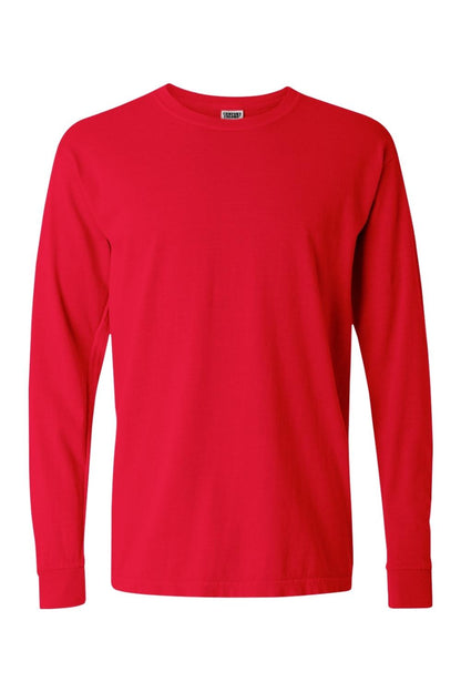 Comfort Colors red long-sleeve ring-spun cotton t-shirt with rib-knit cuffs and a classic crew neck design.