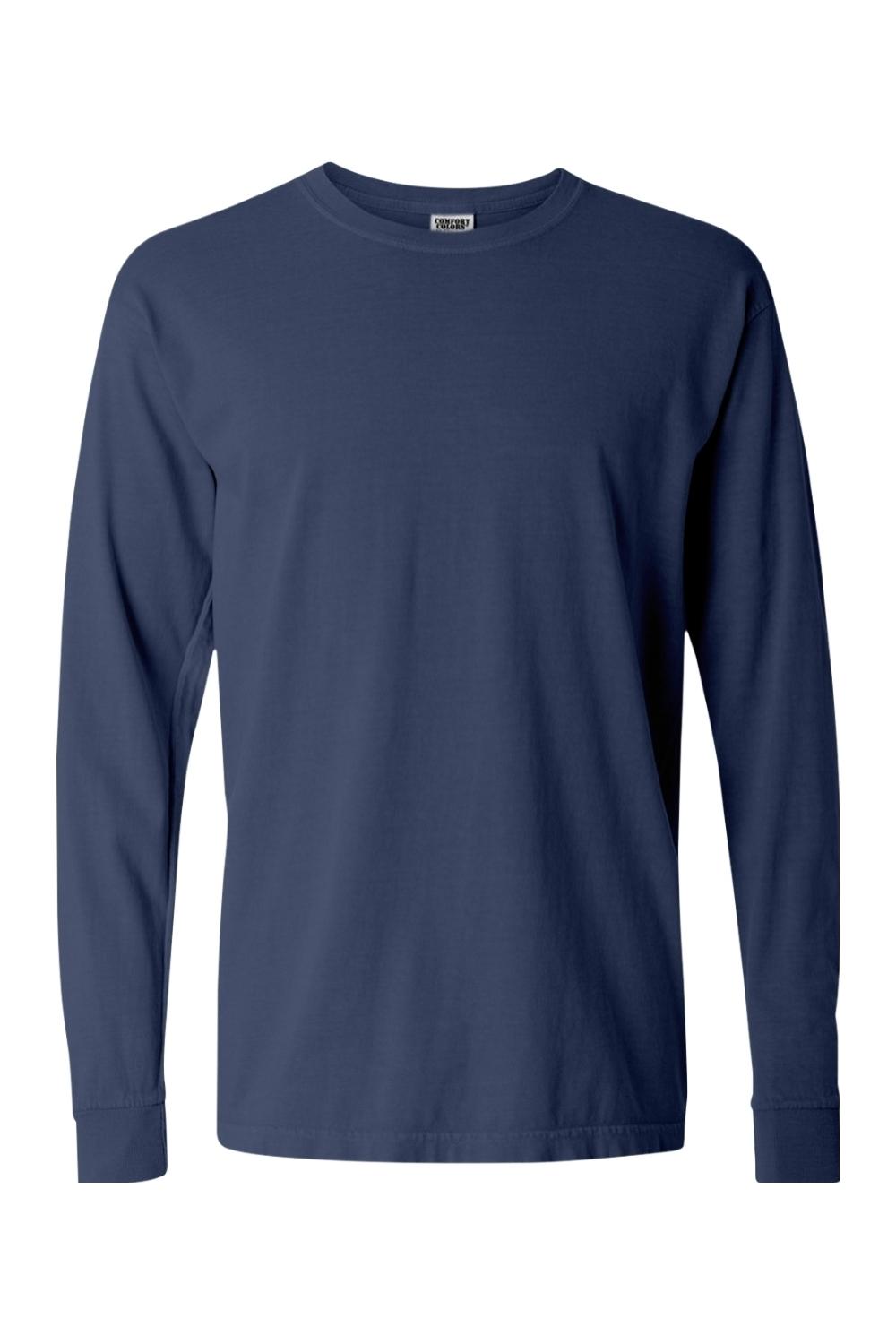 Navy blue Comfort Colors long sleeve t-shirt in soft-washed, garment-dyed ring spun cotton with ribbed cuffs.