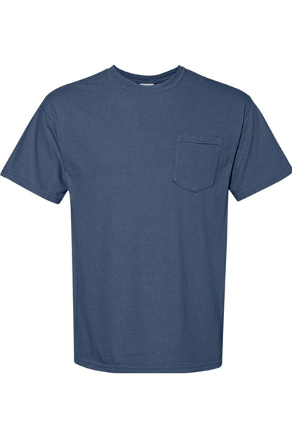 Comfort Colors navy blue garment-dyed cotton short sleeve t-shirt with a left chest pocket and crew neckline.