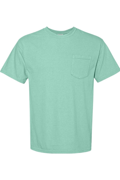 Mint green Comfort Colors short-sleeve ring-spun cotton t-shirt with a left chest pocket.