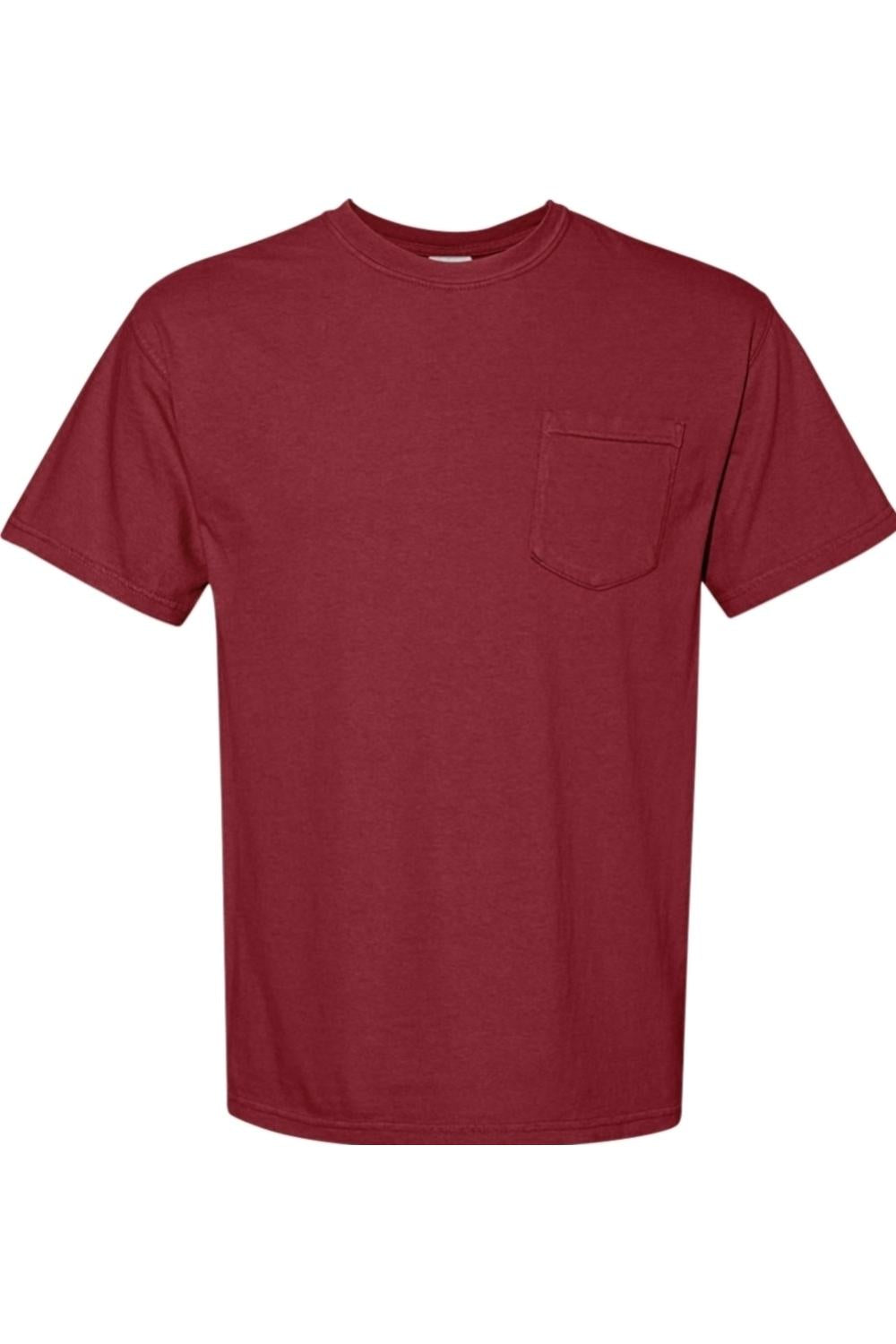 Comfort Colors garment-dyed red short sleeve t-shirt with a left chest pocket and classic rib collar.