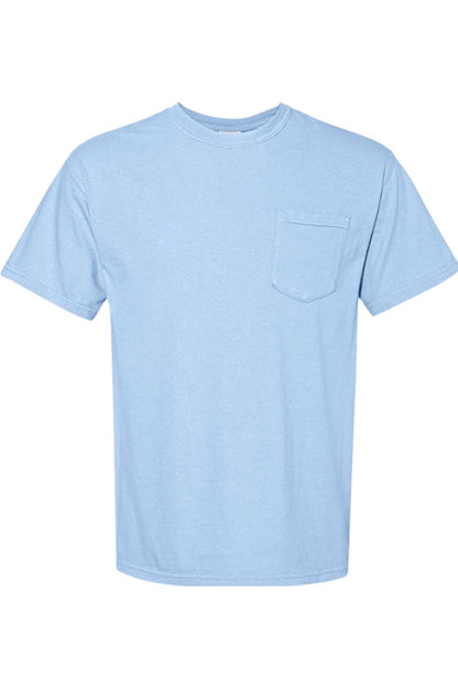 Light blue Comfort Colors garment-dyed ringspun cotton short sleeve t-shirt with a left chest pocket.