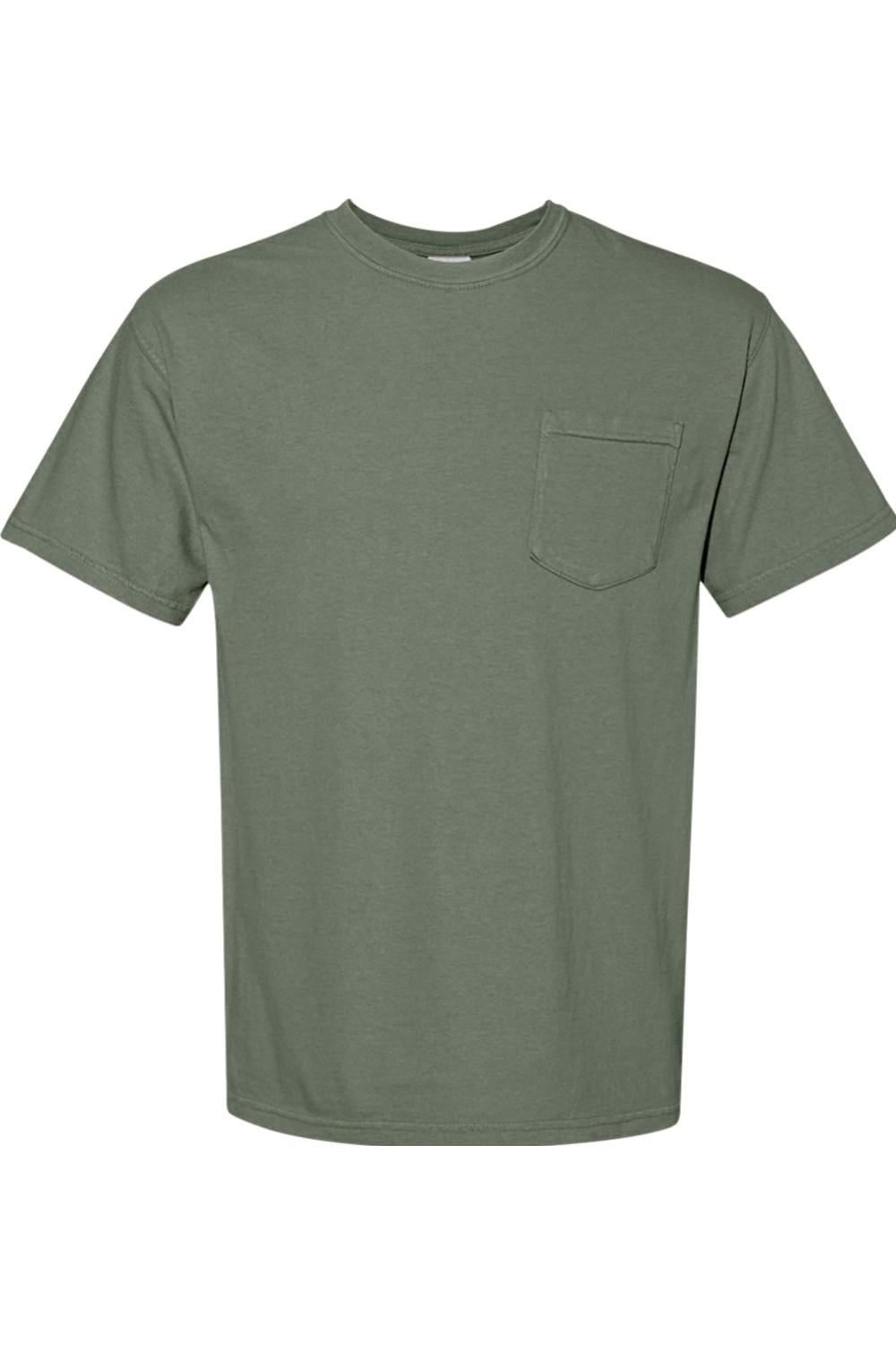 Olive green Comfort Colors short sleeve ring spun cotton t-shirt with a left chest pocket and classic rib collar.