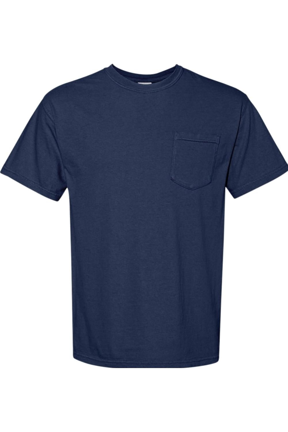 Navy blue Comfort Colors short sleeve ring spun cotton t-shirt with a left chest pocket and classic rib collar.