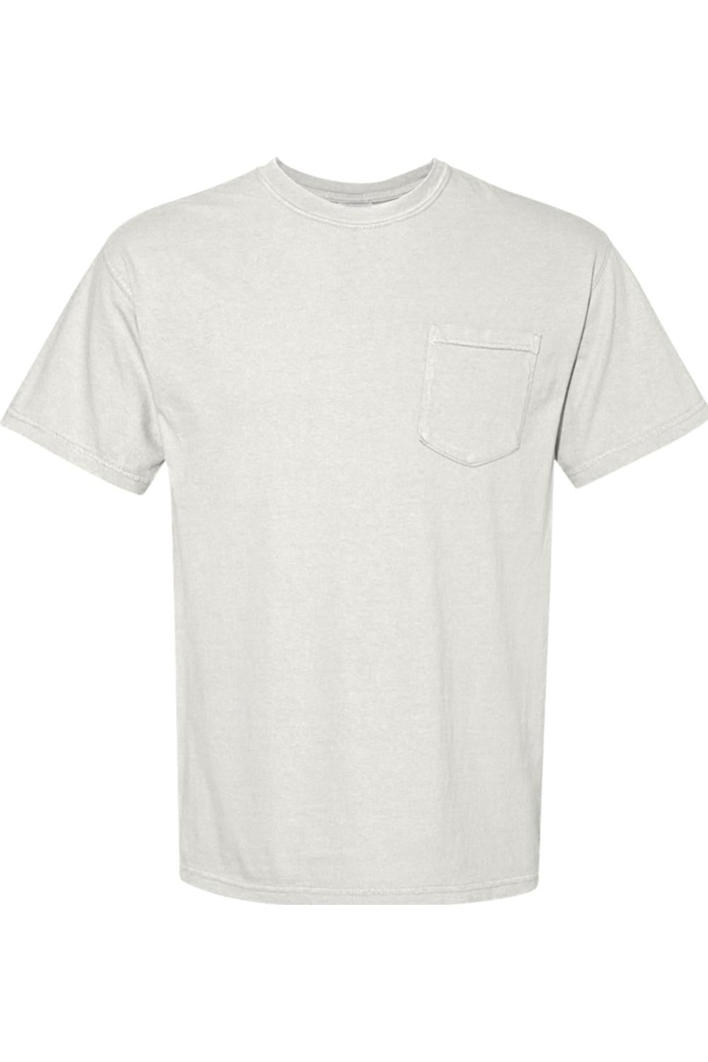 Light grey Comfort Colors garment-dyed ringspun cotton short sleeve t-shirt with a left chest pocket.