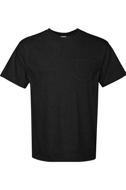 Black Comfort Colors garment-dyed ringspun cotton short sleeve t-shirt with a left chest pocket.