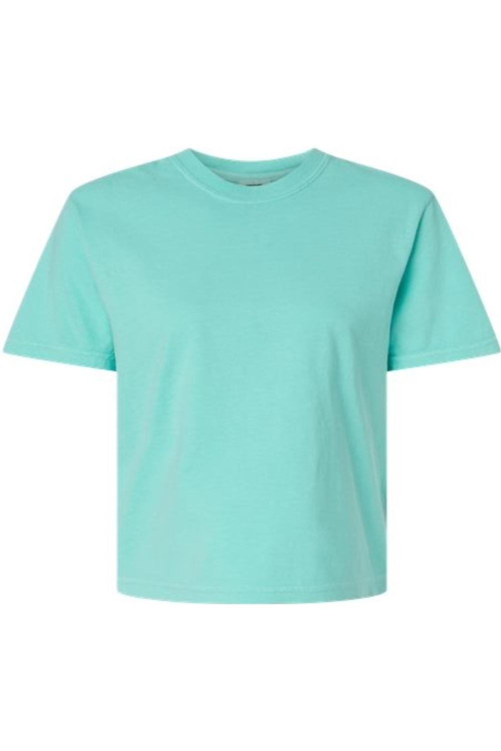 Comfort Colors women's heavyweight boxy t-shirt in garment-dyed mint green cotton with a classic rib collar.
