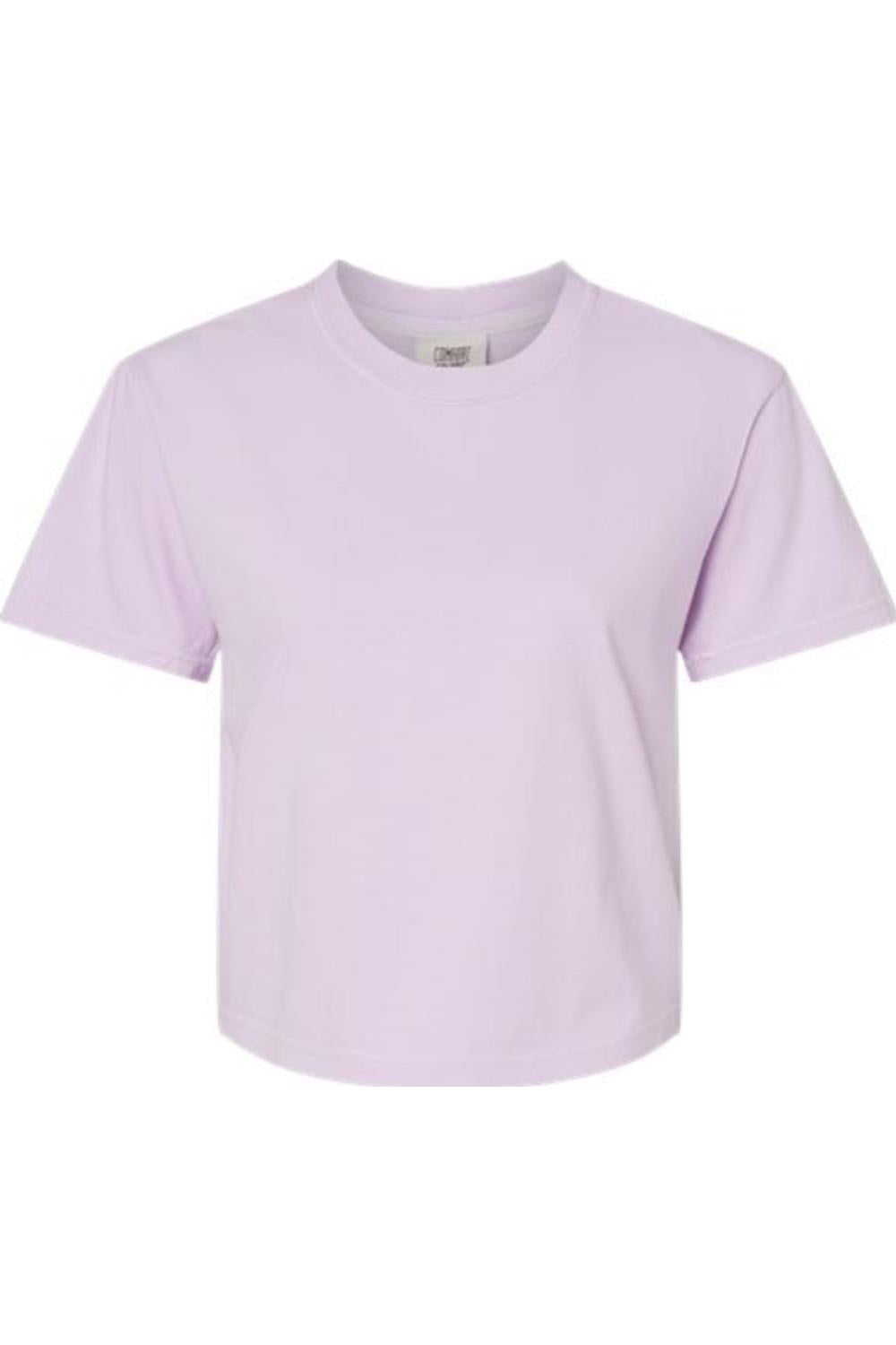 Light purple Comfort Colors heavyweight cotton boxy t-shirt with a classic rib collar and seamless mid-length fit.
