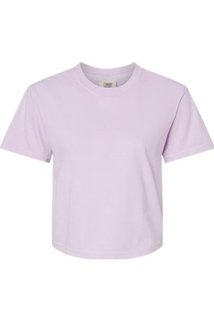 Light purple Comfort Colors heavyweight cotton boxy t-shirt with a classic rib collar and seamless mid-length fit.