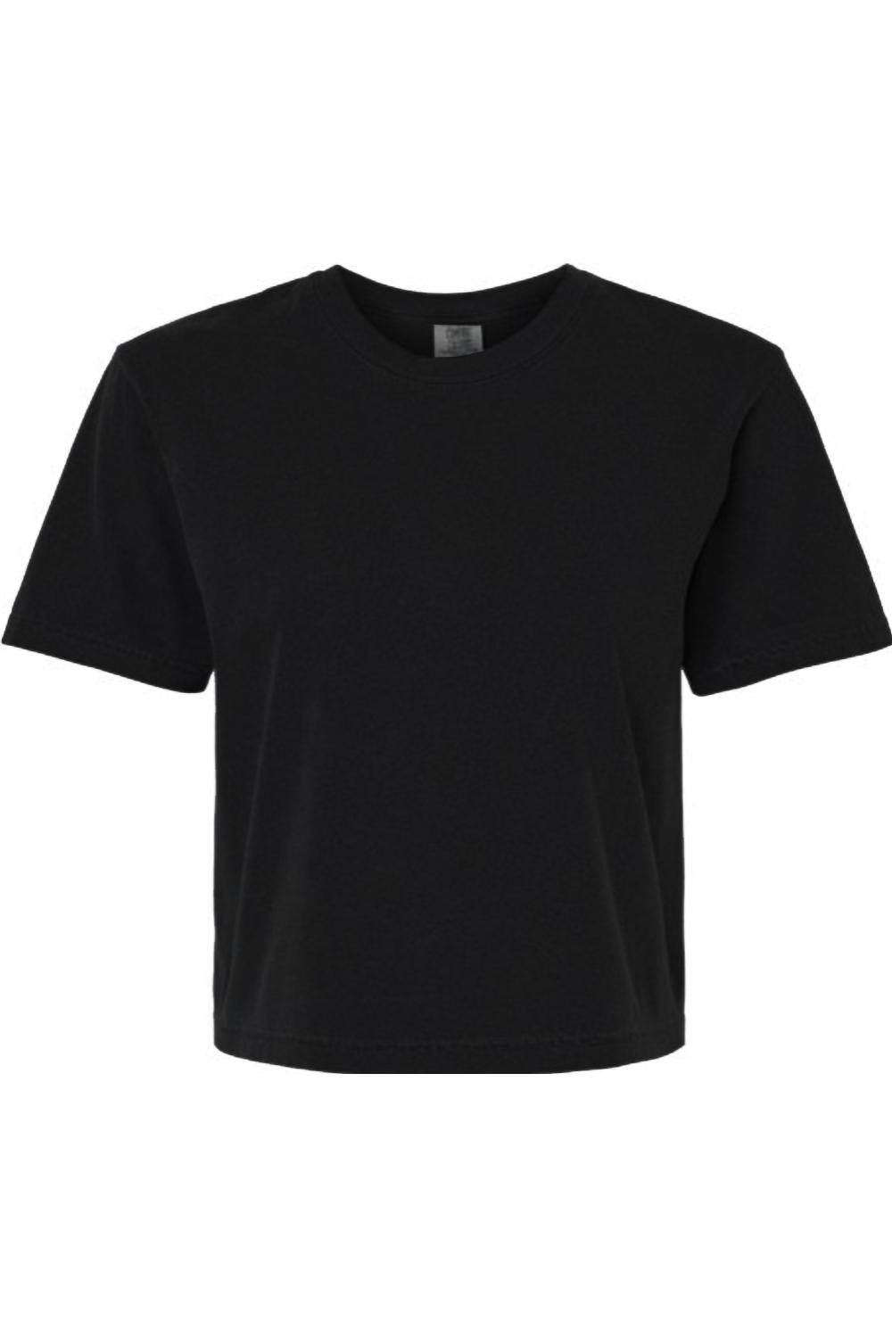 Black Comfort Colors heavyweight boxy t-shirt in 100% ring-spun cotton with a classic rib collar and cropped fit.