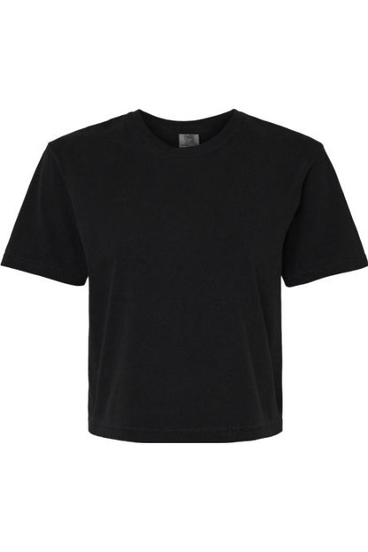 Black Comfort Colors heavyweight boxy t-shirt in 100% ring-spun cotton with a classic rib collar and cropped fit.