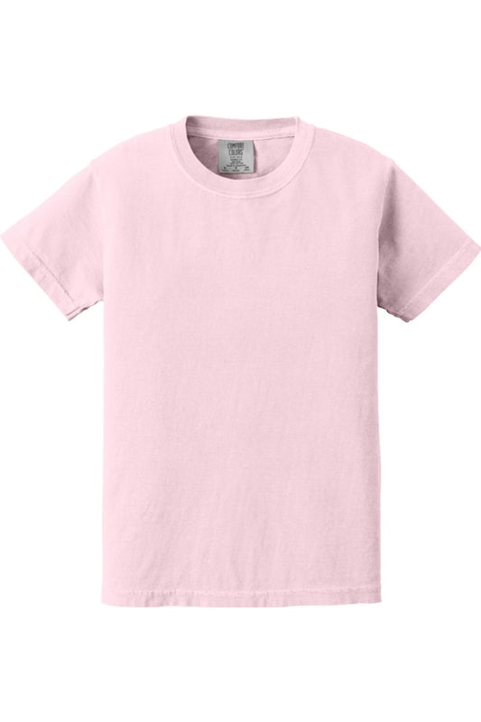 Light pink Comfort Colors youth midweight ring-spun cotton tee with a classic crew neck and relaxed fit.