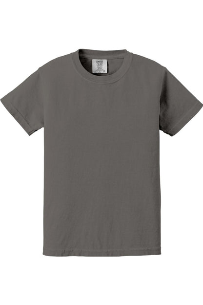 Charcoal grey Comfort Colors youth midweight ring-spun cotton t-shirt with a classic crew neck and relaxed fit.