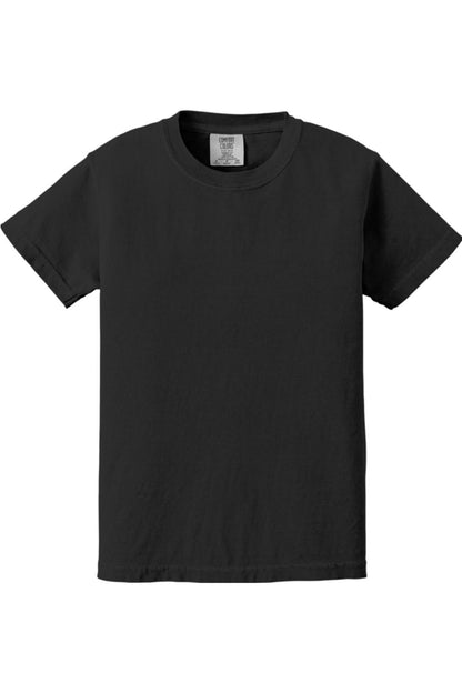 Black Comfort Colors youth midweight ring-spun cotton t-shirt with a classic crew neck and relaxed fit.
