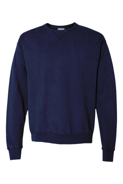 Navy blue ComfortWash by Hanes garment-dyed crewneck sweatshirt with a classic ribbed collar and long sleeves.