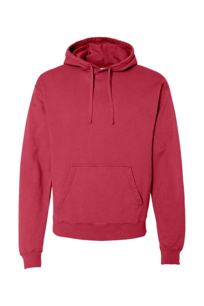 Red ComfortWash by Hanes unisex garment-dyed hooded sweatshirt with a front kangaroo pocket and drawstring hood.