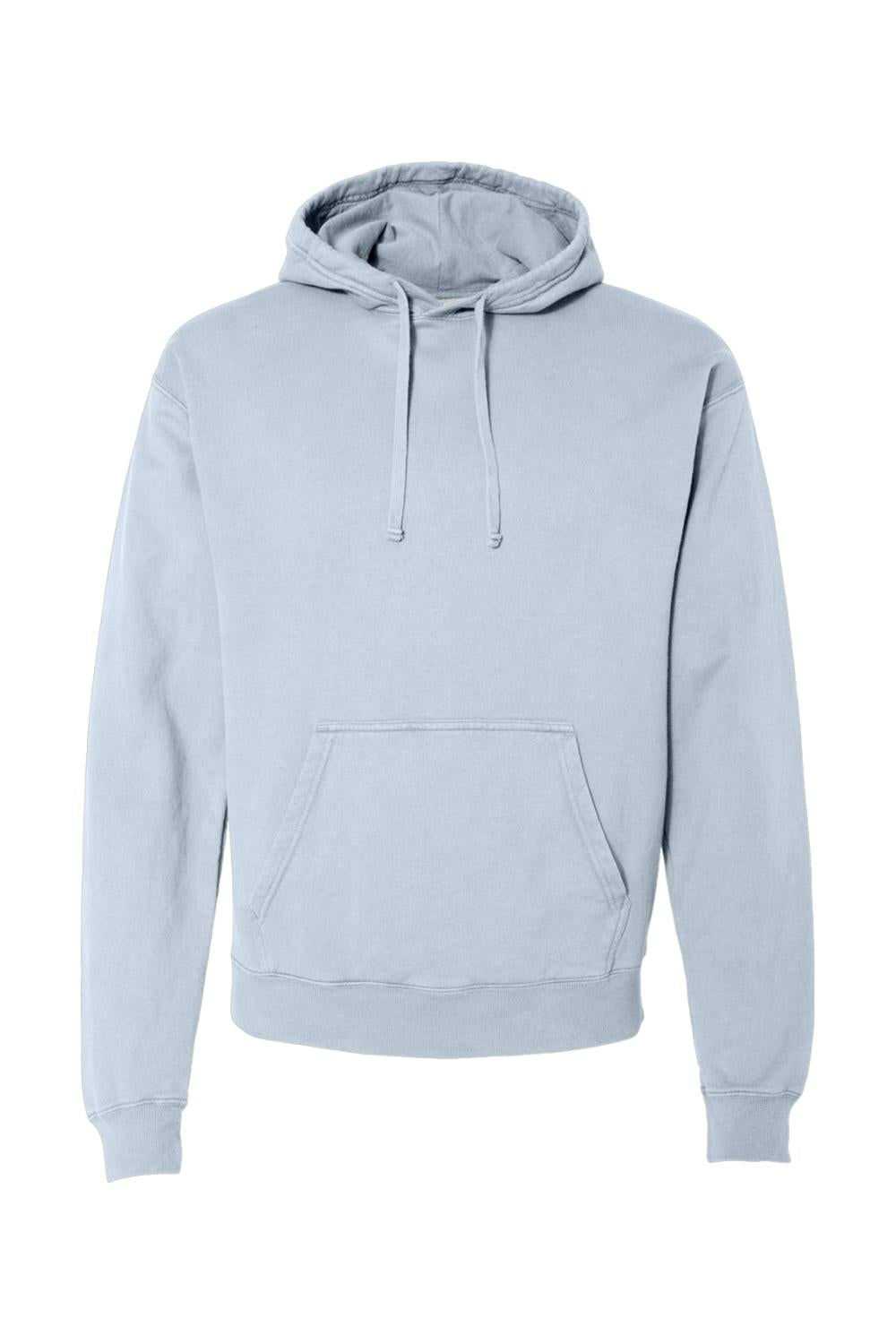 Light blue ComfortWash by Hanes unisex hooded sweatshirt with a front kangaroo pocket and adjustable drawstring.