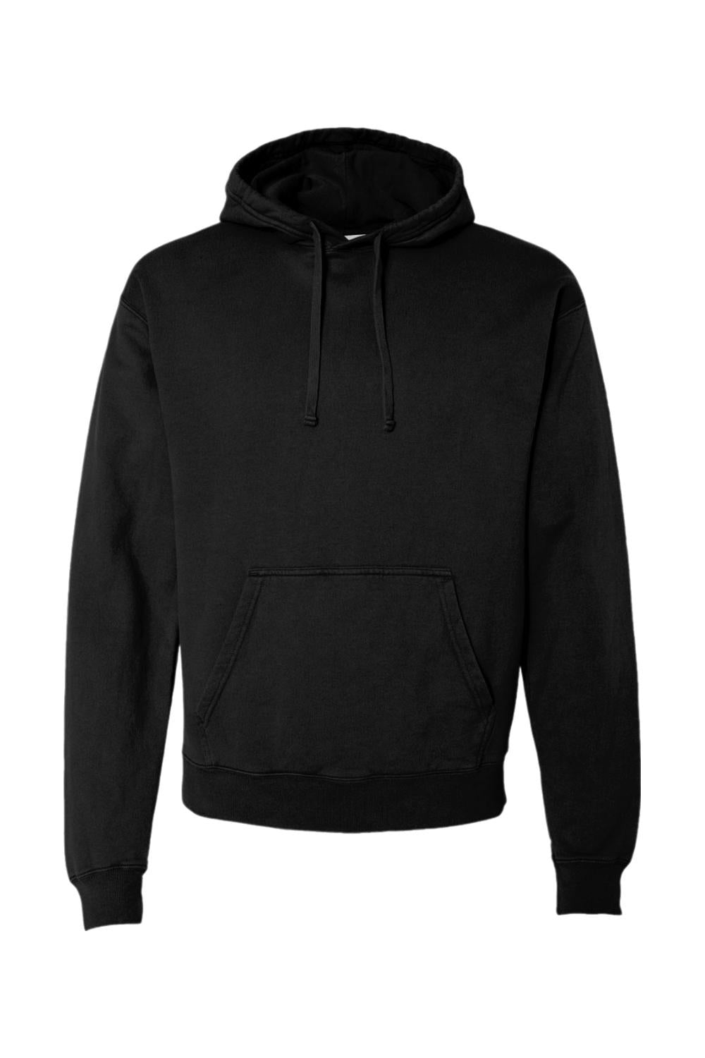 Black ComfortWash by Hanes unisex hooded sweatshirt with a front kangaroo pocket and adjustable drawstring hood.