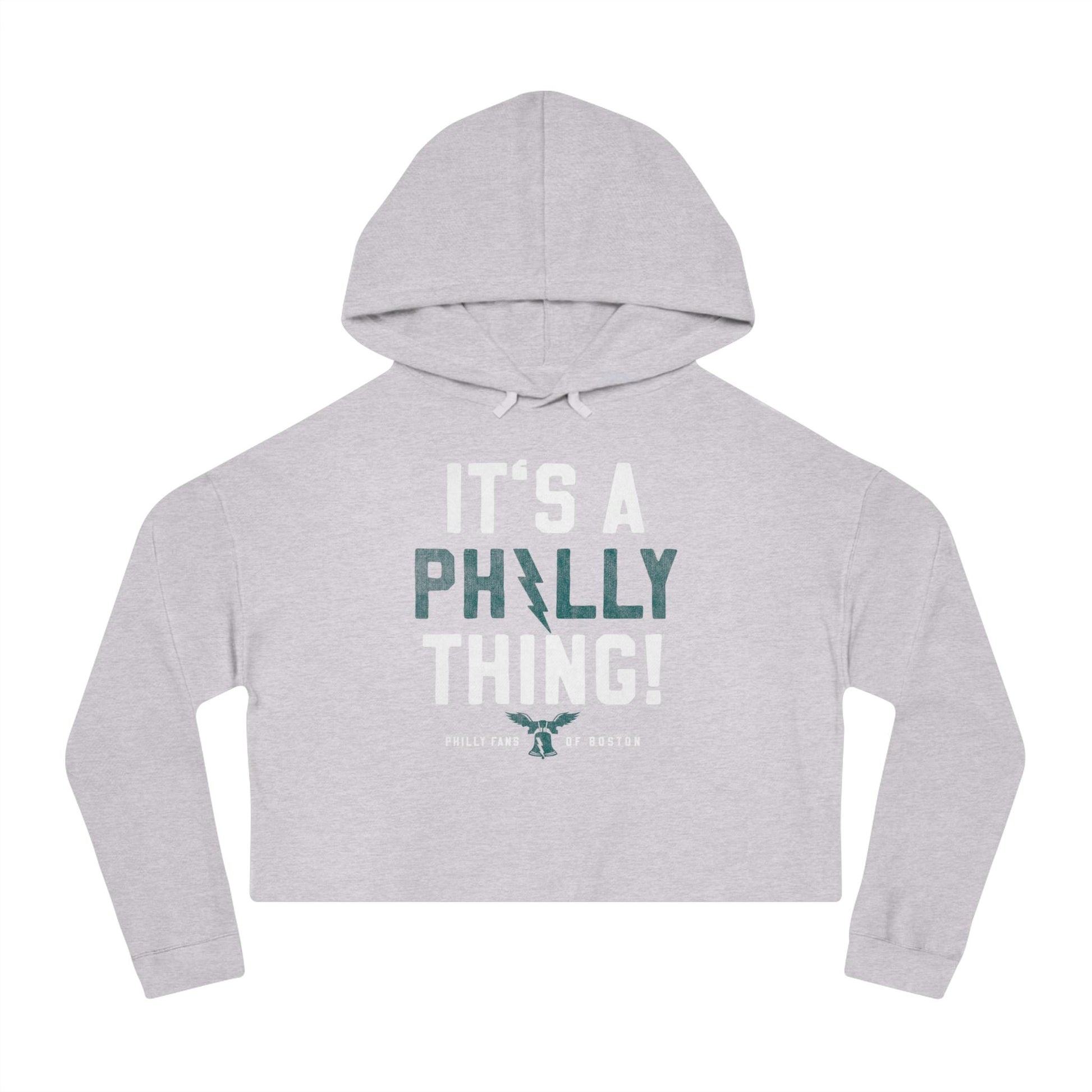 Light gray crop graphic hoodie featuring It's A Philly Thing text and a Liberty Bell eagle logo.