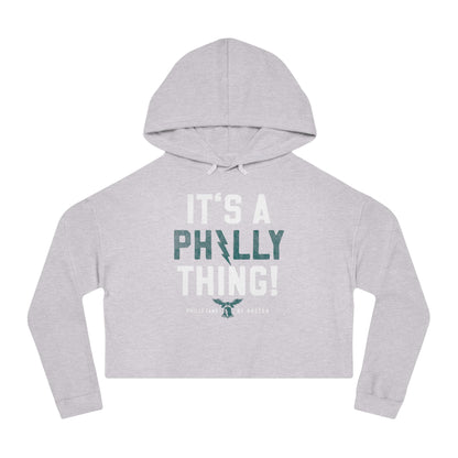 Light gray crop graphic hoodie featuring It's A Philly Thing text and a Liberty Bell eagle logo.