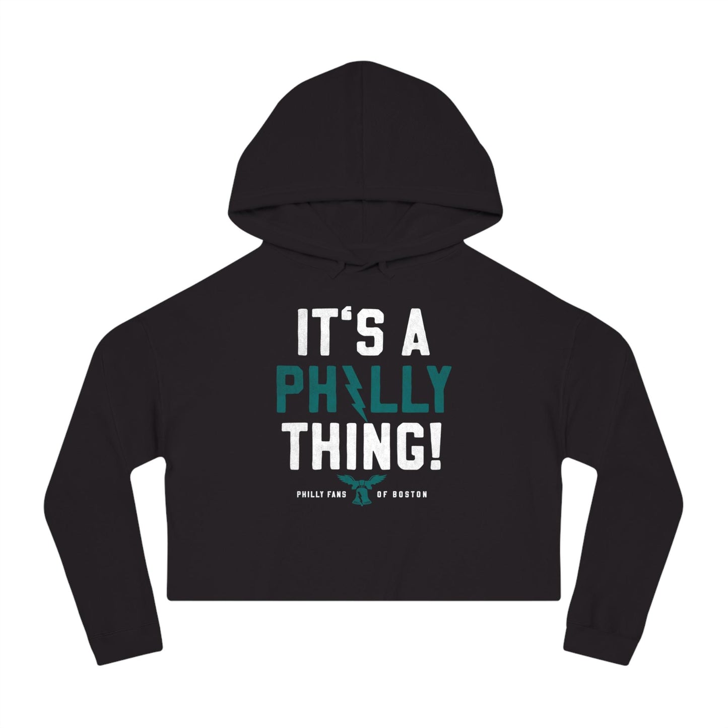Black cropped graphic hoodie featuring It's A Philly Thing text with a bell icon in white and teal print.